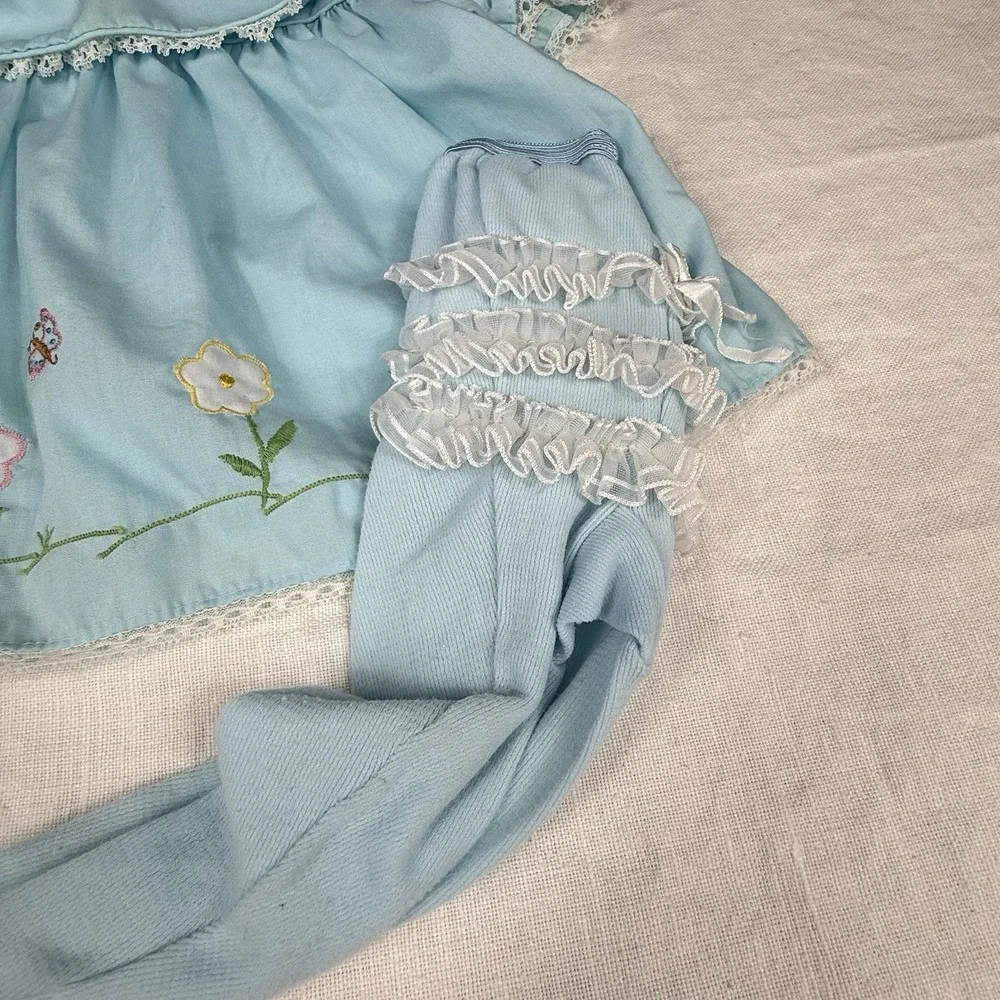 Vintage Baby Dress Girls 9-12M Blue Floral Embroidered Peter Pan Puff Sleeve